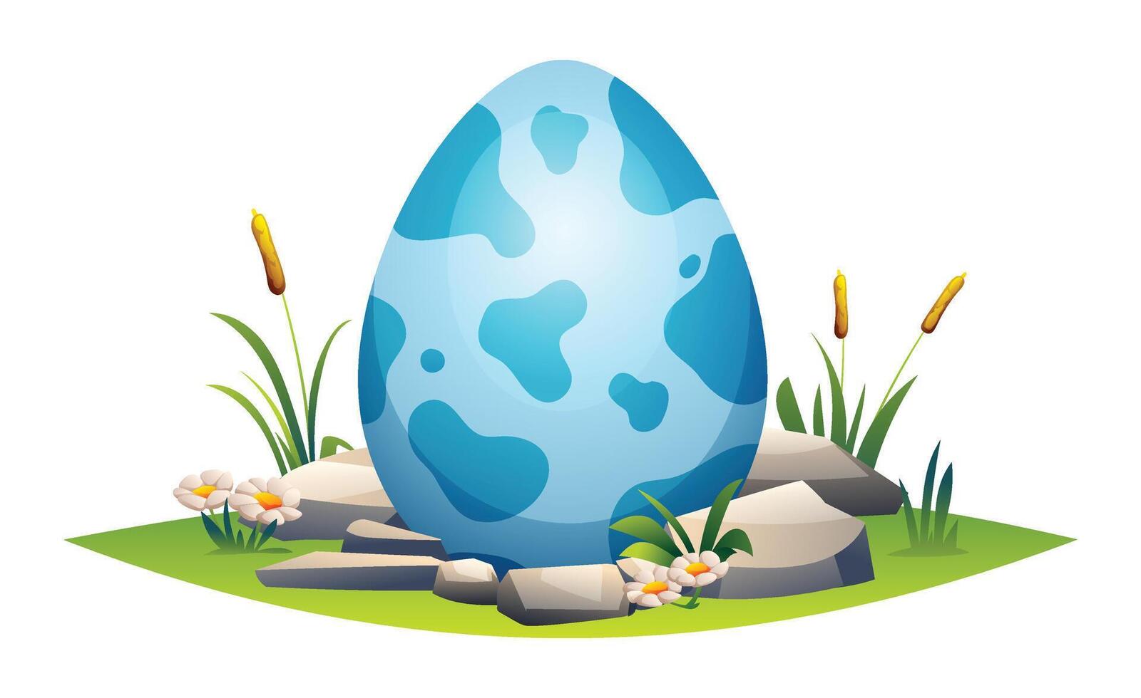 Dino egg with spots nestled among rocks and flowers in grass. Cartoon illustration vector