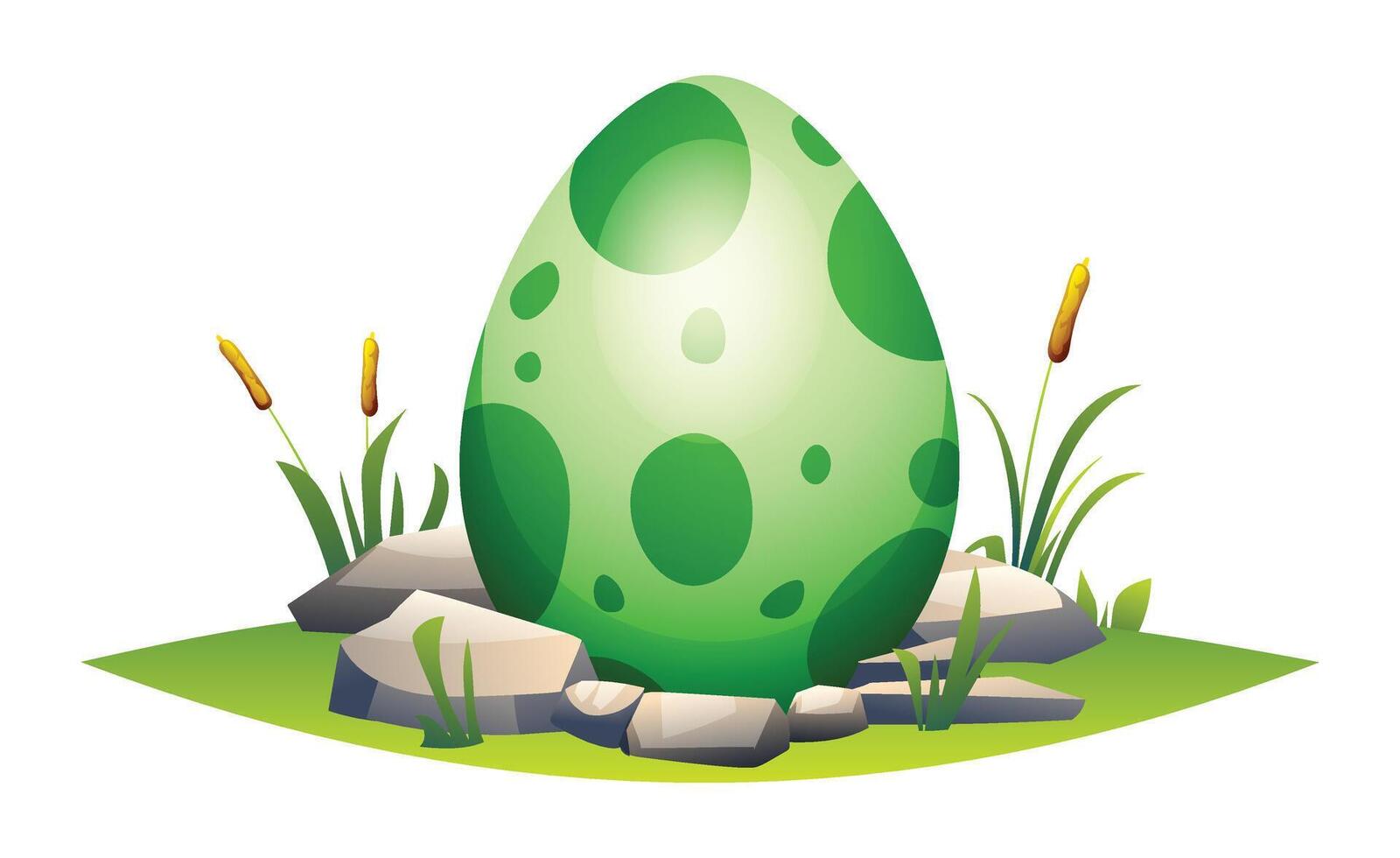 Spotted dino egg resting in a nest with grass and rocks around. Cartoon illustration vector