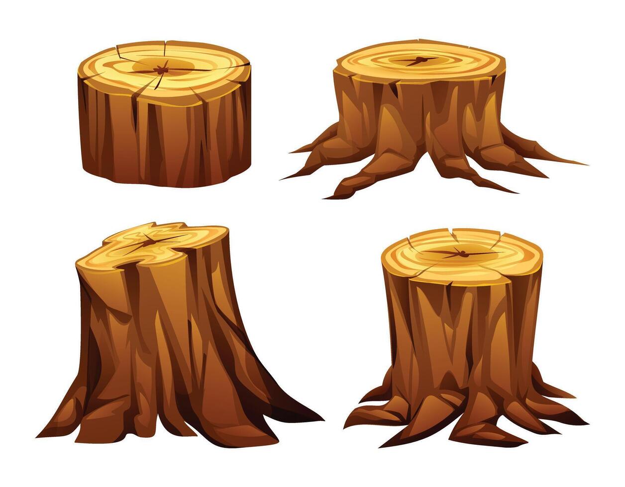 Set of tree stumps with varied root and bark details, showcasing natural wood textures. Cartoon illustration vector