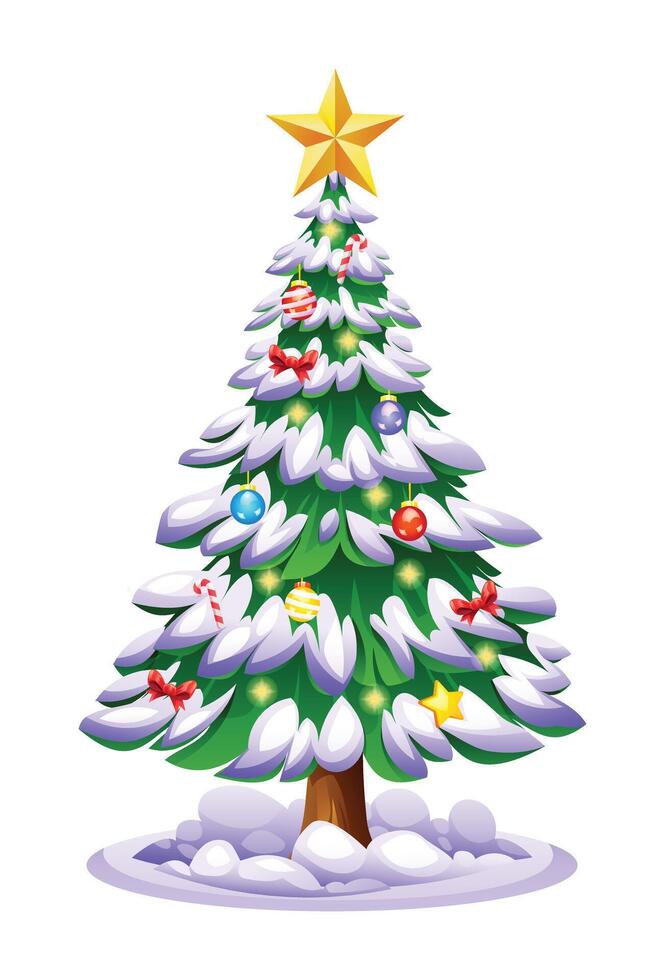 Snow covered Christmas tree decorated with colorful ornaments and red bows. Cartoon illustration vector