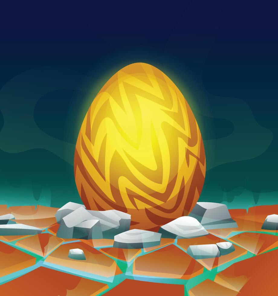 Golden dragon egg with angular patterns and bright glow in cracked terrain. Cartoon illustration vector