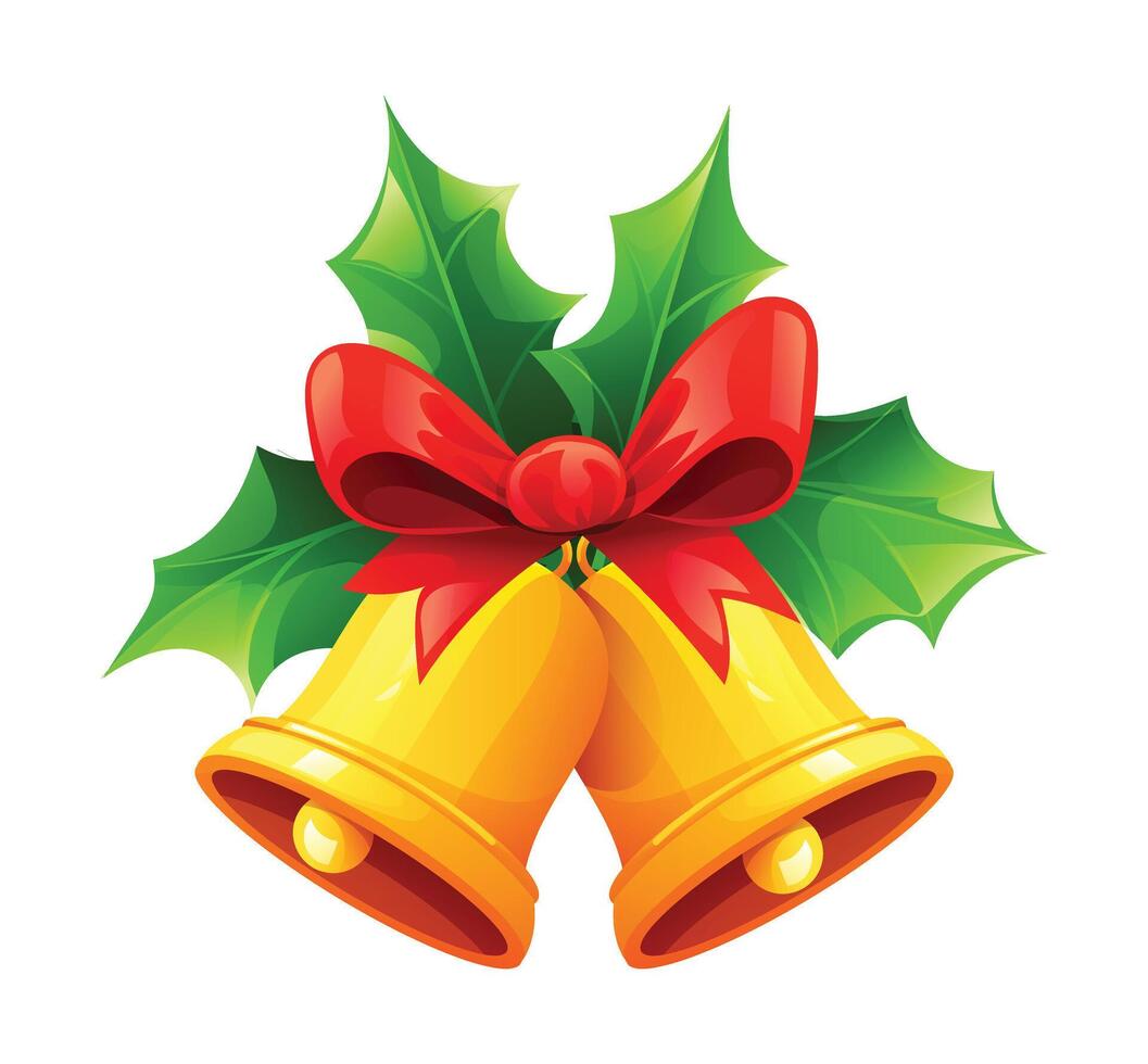 Pair of golden bells with holly leaves, red bow, and berries. Cartoon illustration vector