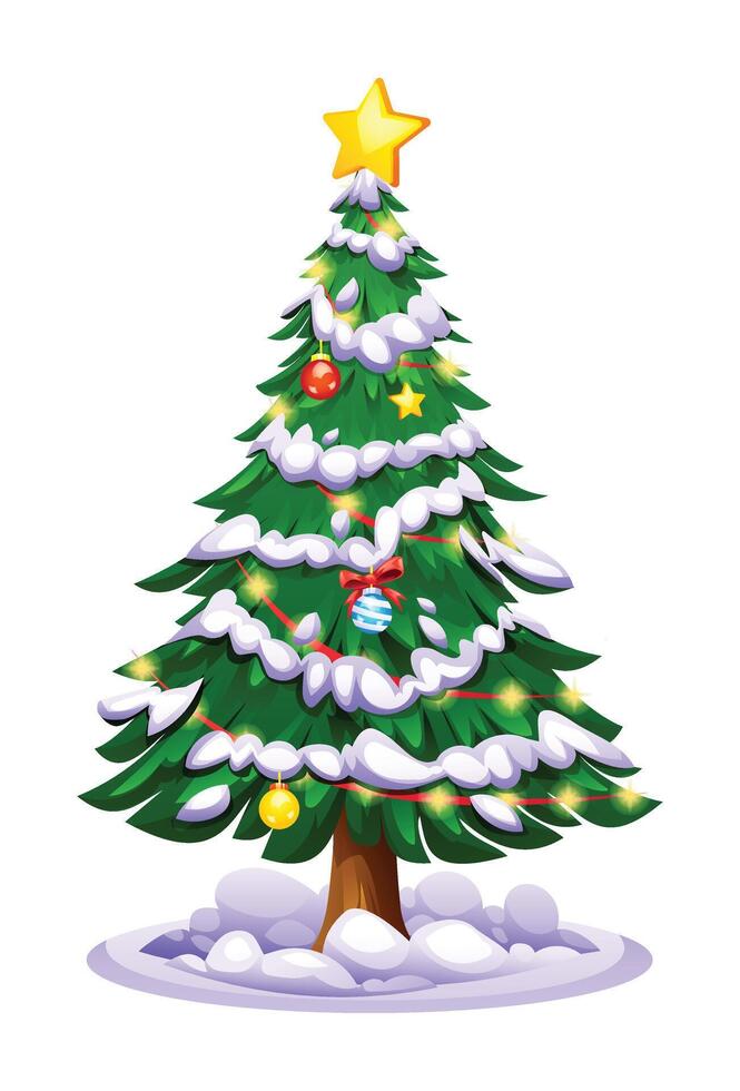 Christmas tree with layered snow, red ornaments, and yellow lights. Cartoon illustration vector