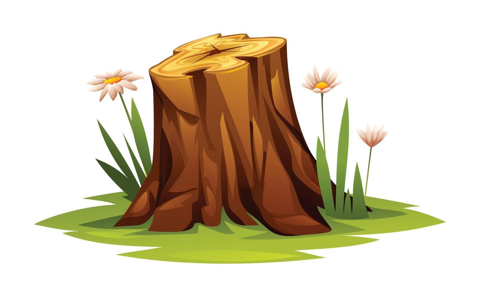 Tree stump with flowers and green grass. Cartoon illustration isolated on white background vector