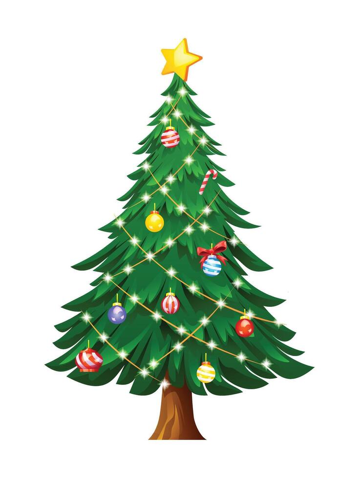 Christmas tree with ornaments, lights, and a star topper. Cartoon illustration vector