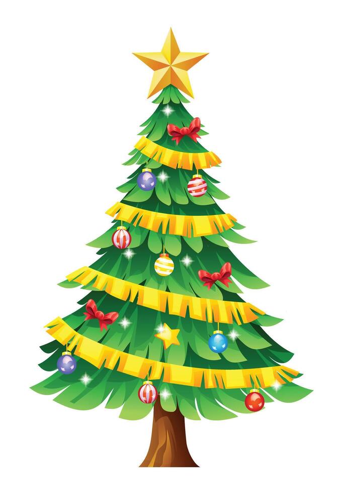 Christmas tree decorated with golden ribbons, red bows, and colorful ornaments. Cartoon illustration vector