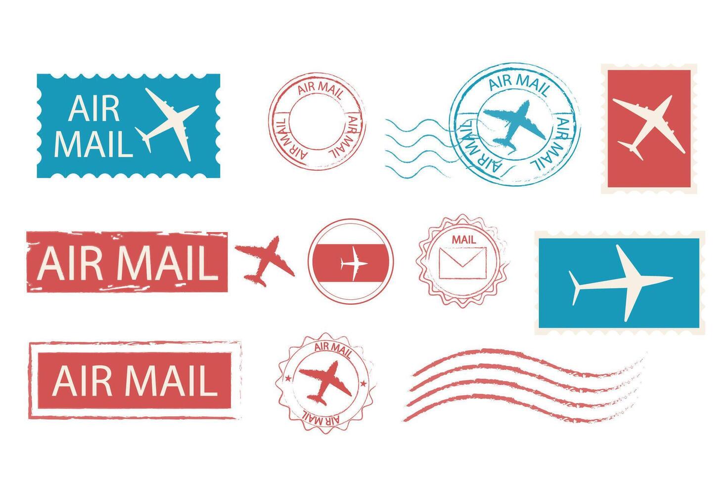 Air mail set blank postal stamps and marks. Retro Vintage postage card decorations. Blank template. Airmail text, plane collection. vector