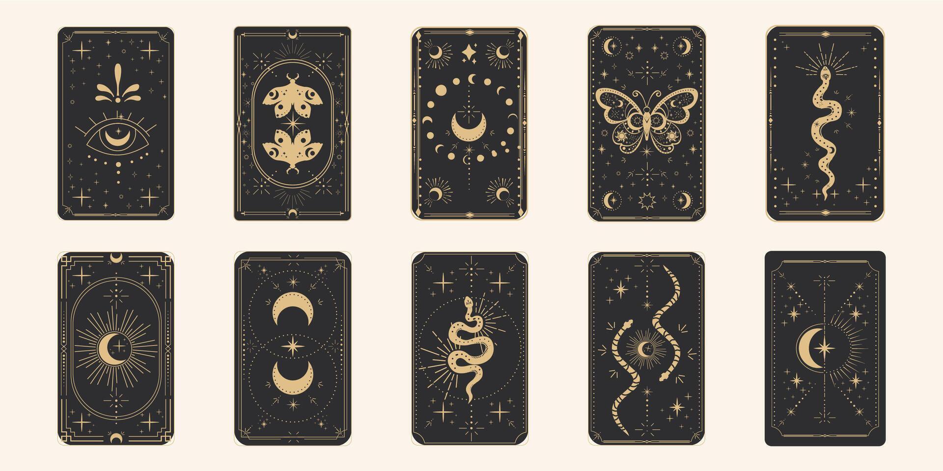 Tarot reverce border magic sacred frame gold line border celelstial mystery esoteric cover card decoration with snake stars and moon on dark background. vector