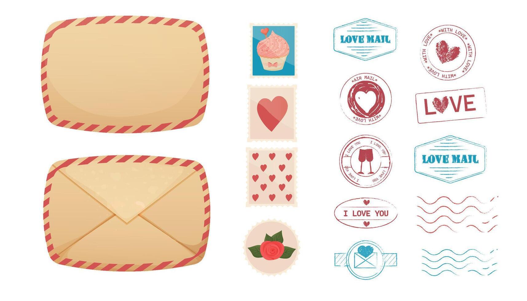 Set Love stamp, romantic mail, postage envelope. Retro Valentine, wedding grunge print. Textured post card decoration. Heart stamp. vector