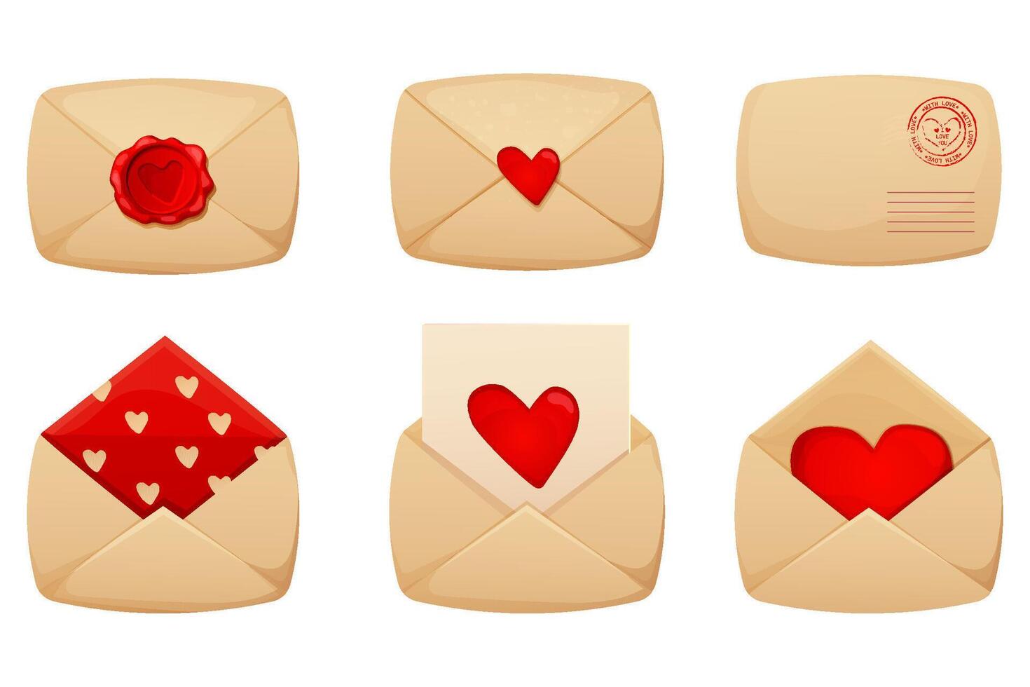 Love letter collection, Set envelope with heart, stamp, wax seal, letter blank. Romance, wedding or Valentine day decoration, Postcard delivery. vector