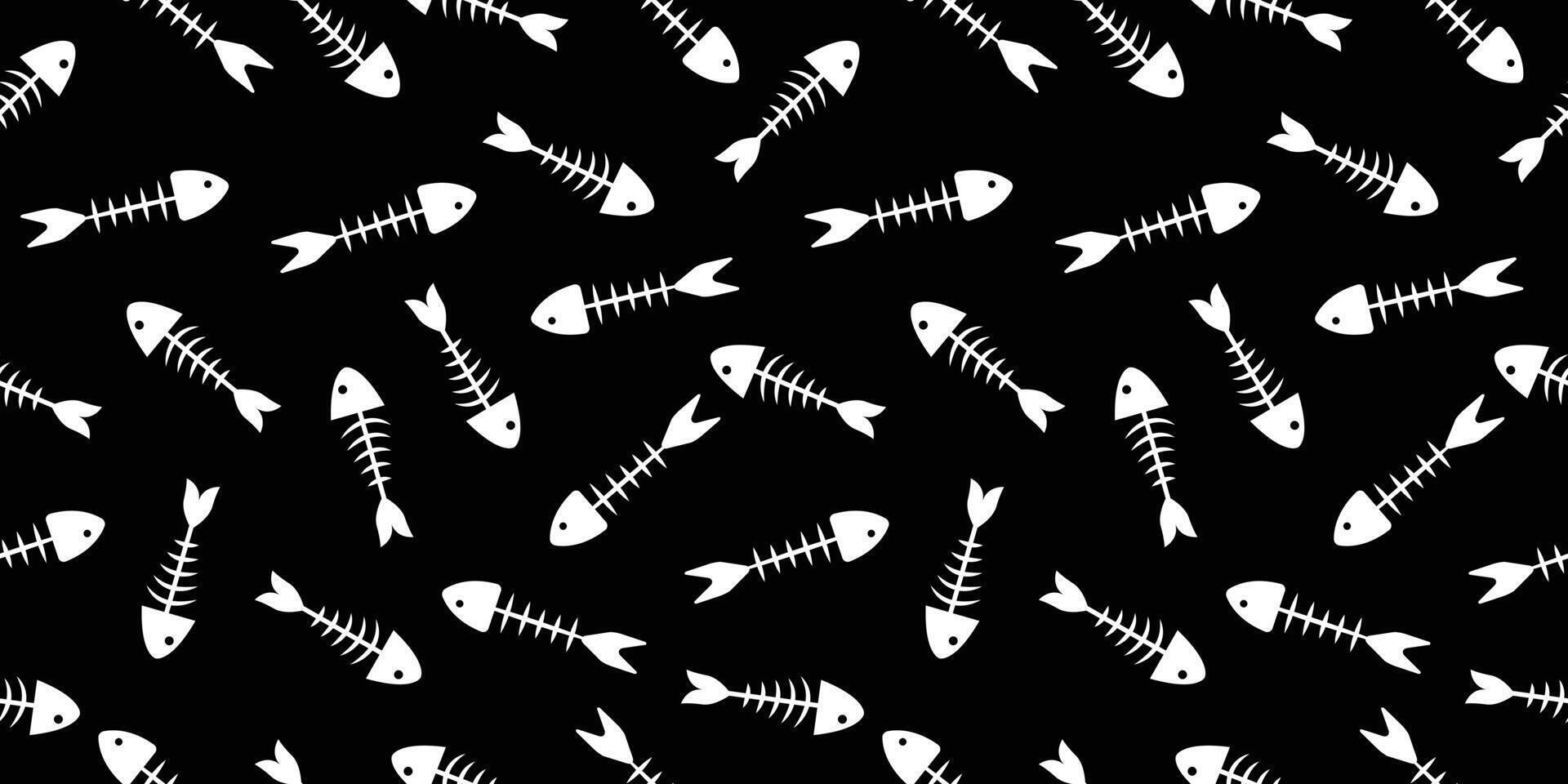 Seamless pattern of fish bones fabric skeleton. Fish bone motif silhouette illustration on a black background vector