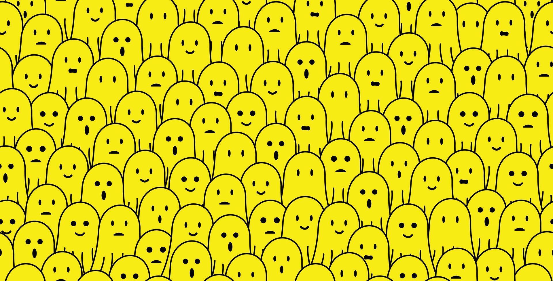 cute yellow ghost doodle seamless pattern background with different face expressions, smile, sad, disappointed, happy, laughing, surprised. For halloween, horror, gift wrap vector