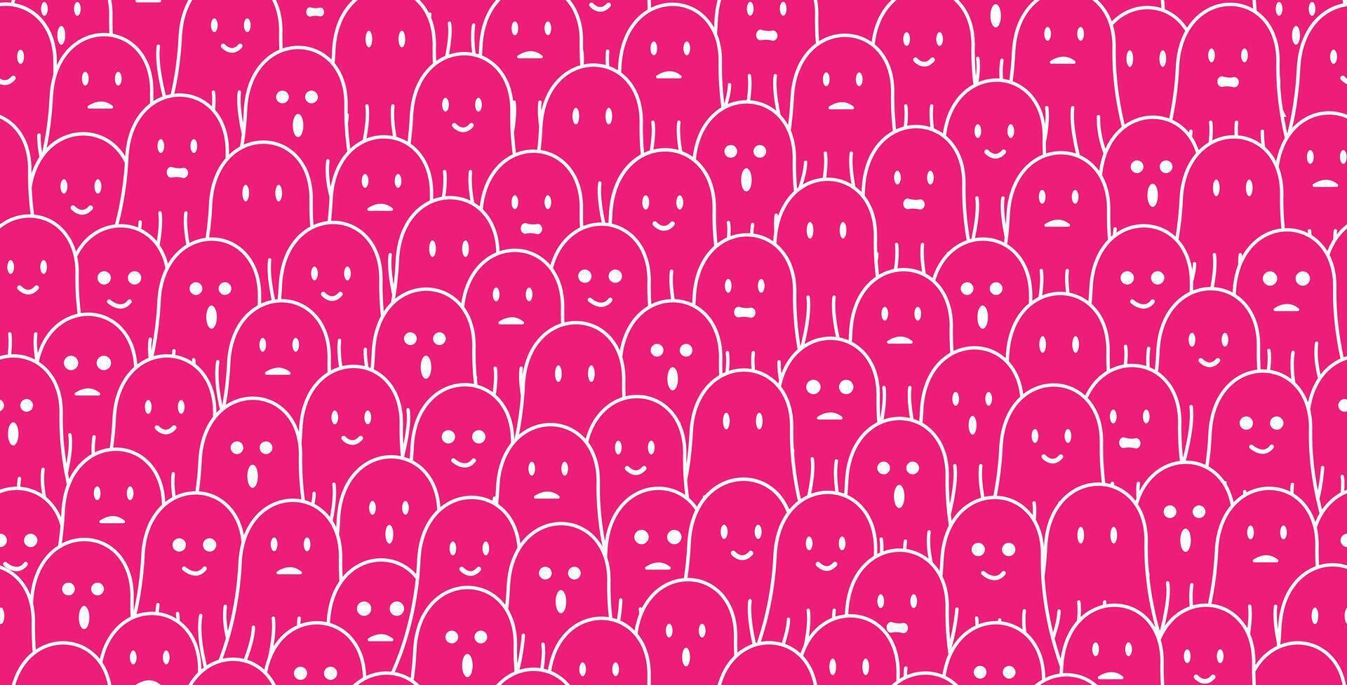 cute pink ghost doodle seamless pattern background with different face expressions, smile, sad, disappointed, happy, laughing, surprised. For halloween, horror, gift wrap vector