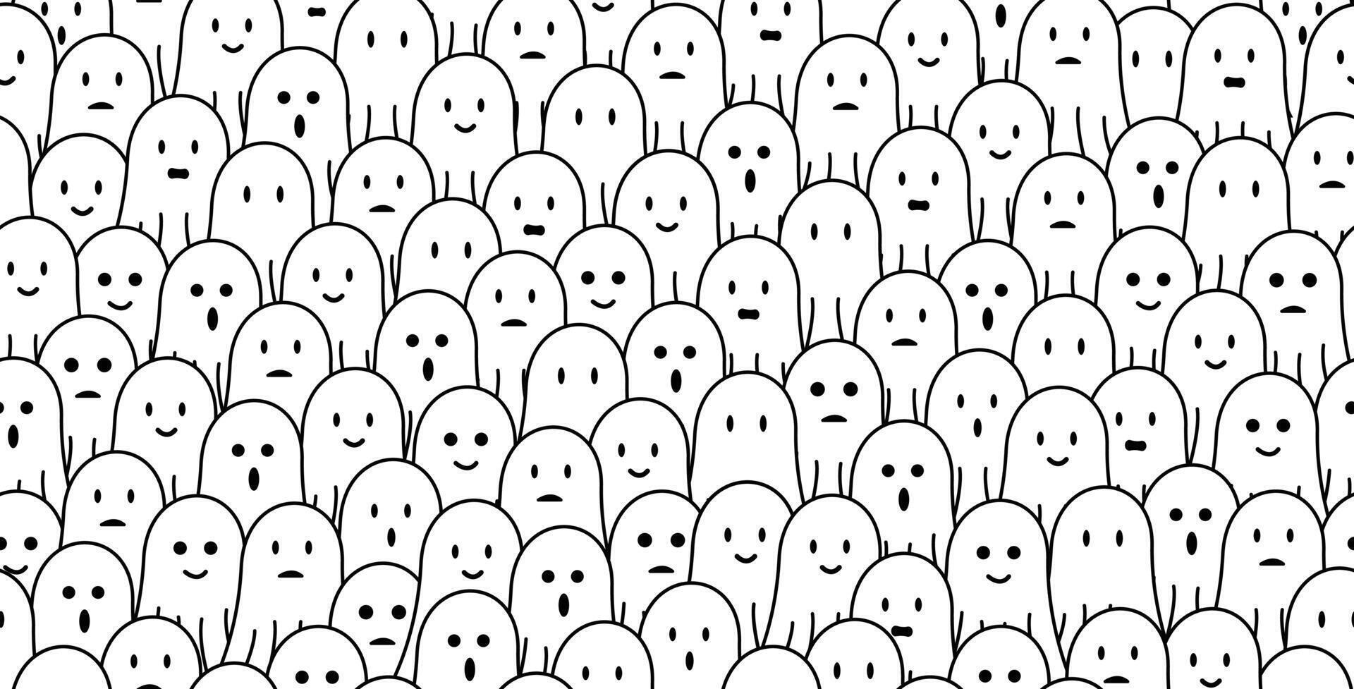 cute ghost doodle seamless pattern background with different face expressions, smile, sad, disappointed, happy, laughing, surprised. For halloween, horror, gift wrap vector