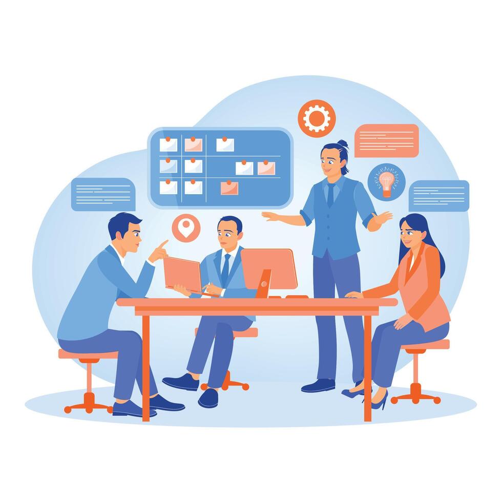 A group of employees is discussing at the table. Exchange opinions in developing the company. Team communication concept. Flat illustration. vector