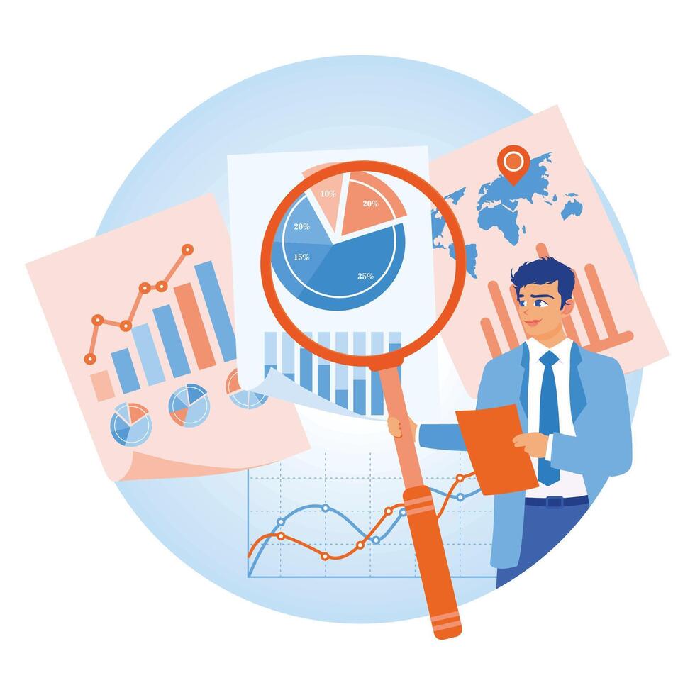 Businessmen analyzing the stock market. Analyze documents using data graphs and a magnifying glass. Business analysis instruments concept. Flat illustration. vector