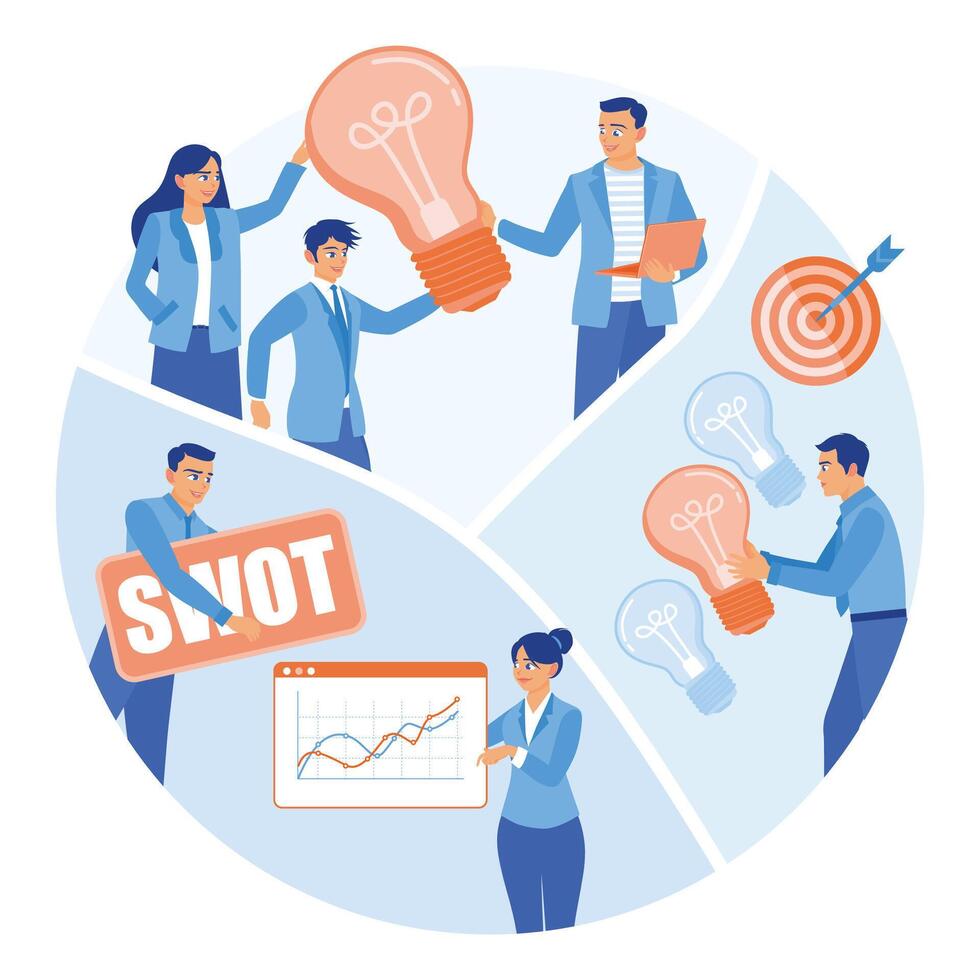 Project management by business teams. SWOT analysis, SMART goal setting, focus groups. Business analysis instruments concept. Flat illustration. vector