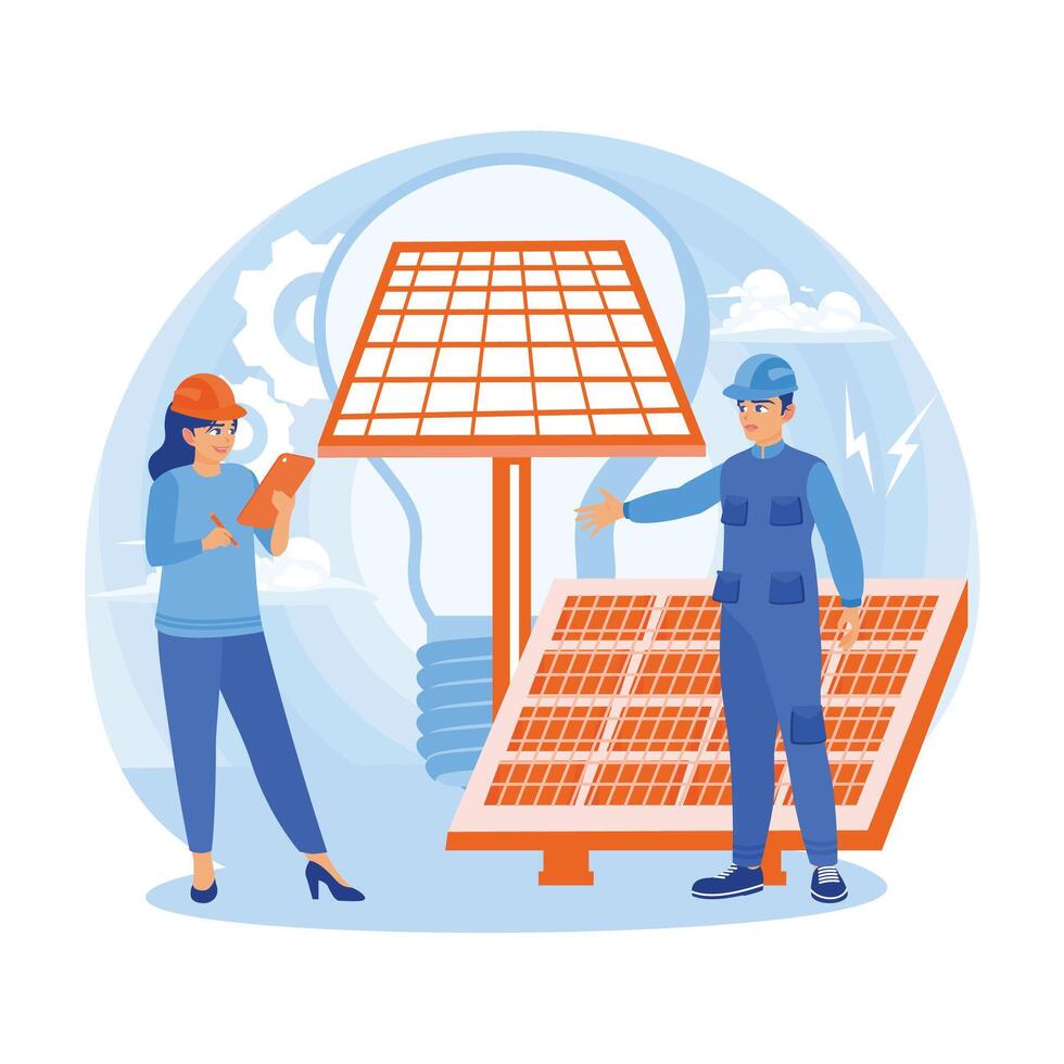 Engineers and technicians are installing solar panels. Sustainable development to produce electrical energy. Solar energy panels concept. Flat illustration. vector