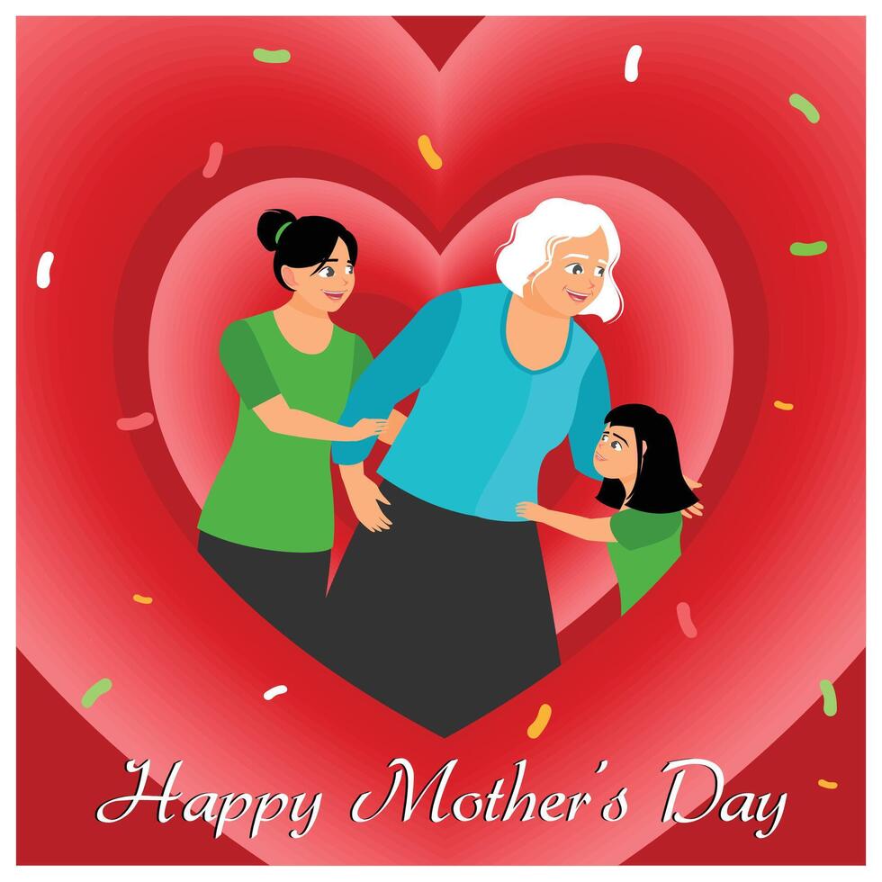 Three generations together celebrate a Happy Mother's Day. Grandmother, mother, and daughter hug each other. Mother's Day concept. Flat illustration. vector