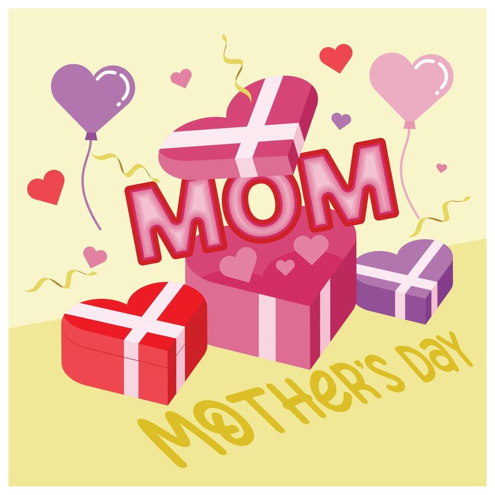 Gift box with heart shaped balloons. Celebrate happy Mother's Day. Mother's Day concept. Flat illustration. vector
