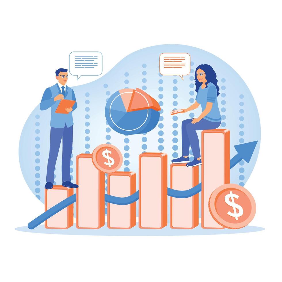 The businessman is on top of a bar graph. Analyze company performance and develop business strategies. Business analysis instruments concept. Flat illustration. vector