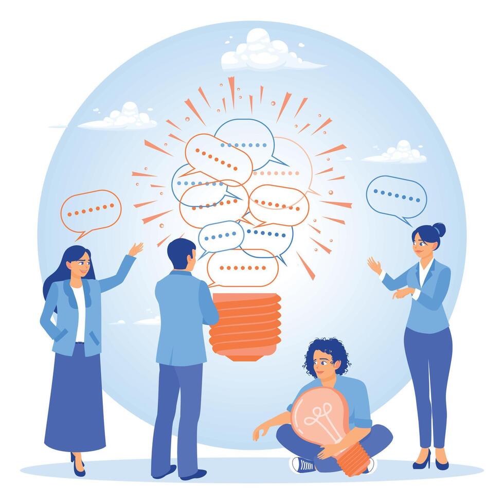 Business people discussing with light bulb speech bubble. Business team exchanging opinions. Team communication concept. Flat illustration. vector