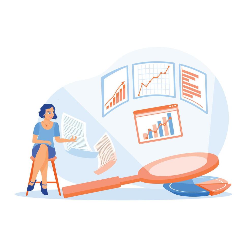The businesswoman is in front of a projector screen. Young woman analyzing infographic data. Business analysis instruments concept. Flat illustration. vector