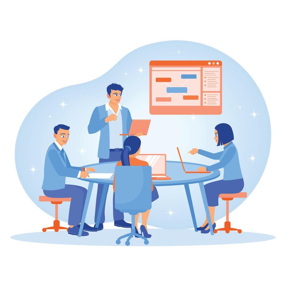 The business team holding a meeting at the conference table. Employees communicate with each other and work together. Team communication concept. Flat illustration. vector