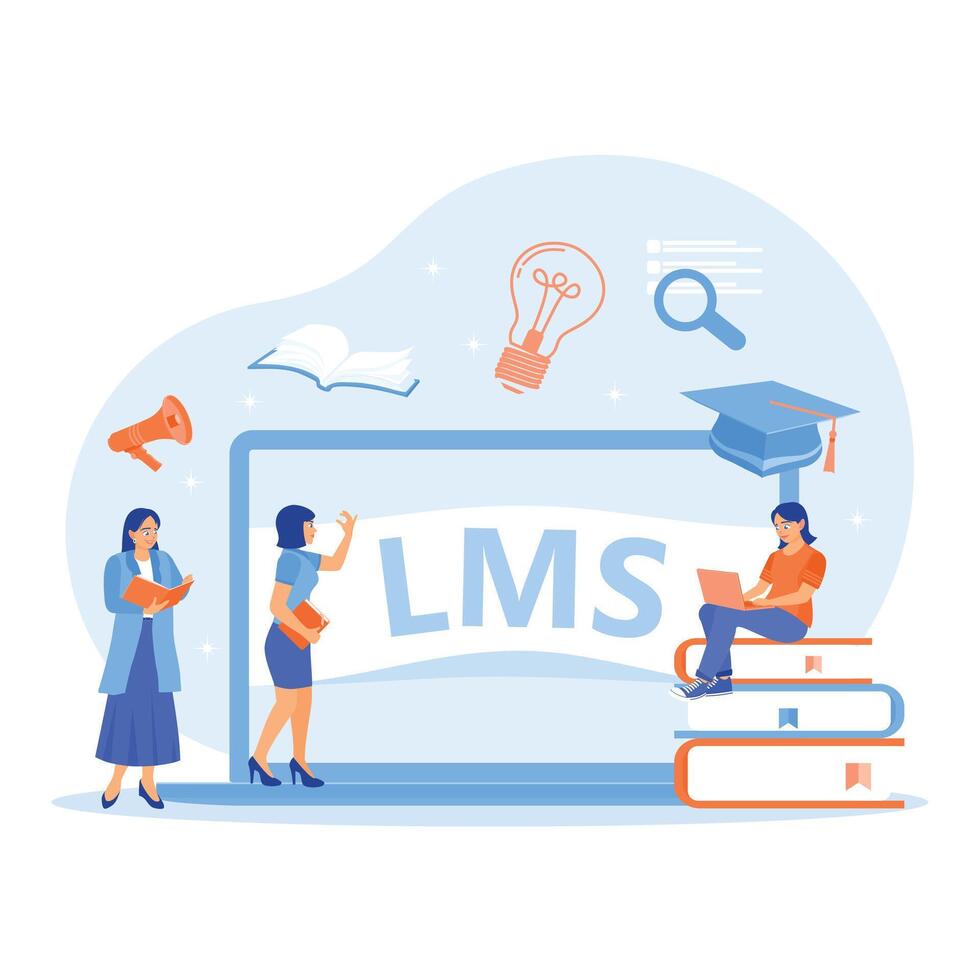A group of women taking online educational training on laptops. LMS Learning Management System software application. E-learning concept. Flat illustration. vector