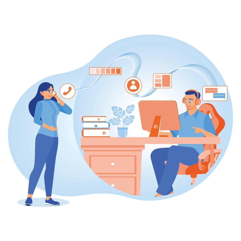 The manager is talking to the assistant on the phone. The manager explains the work project details. Remote Work Online concept. Flat illustration. vector