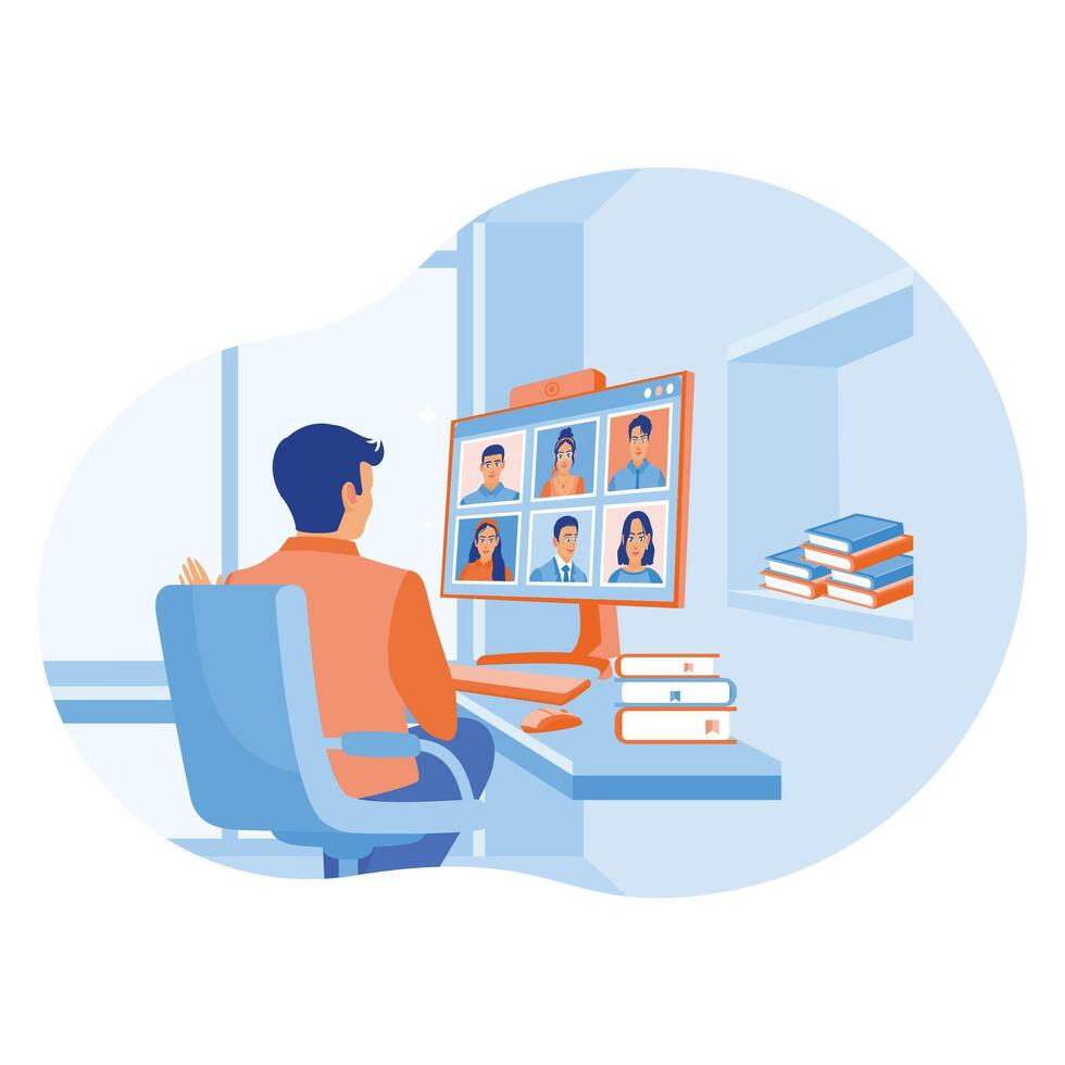 Man talking to a coworker during a conference. Man and woman discussing work online. Business communication concept. Flat illustration. vector