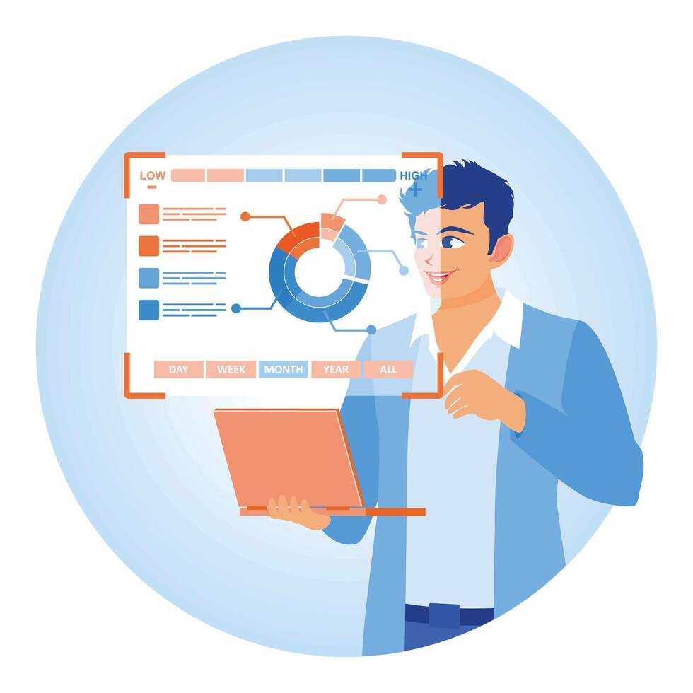 High Risk in business decision-making and risk analysis. Businessman working using a laptop. Business analysis instruments concept. Flat illustration. vector