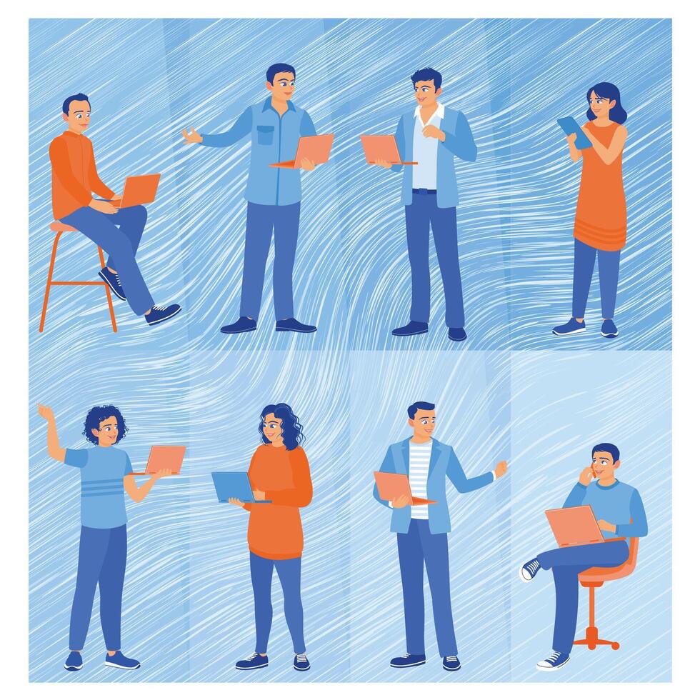 Group of people working remotely in online business communication. Business teamwork in the company. Remote Work Online concept. Flat illustration. vector