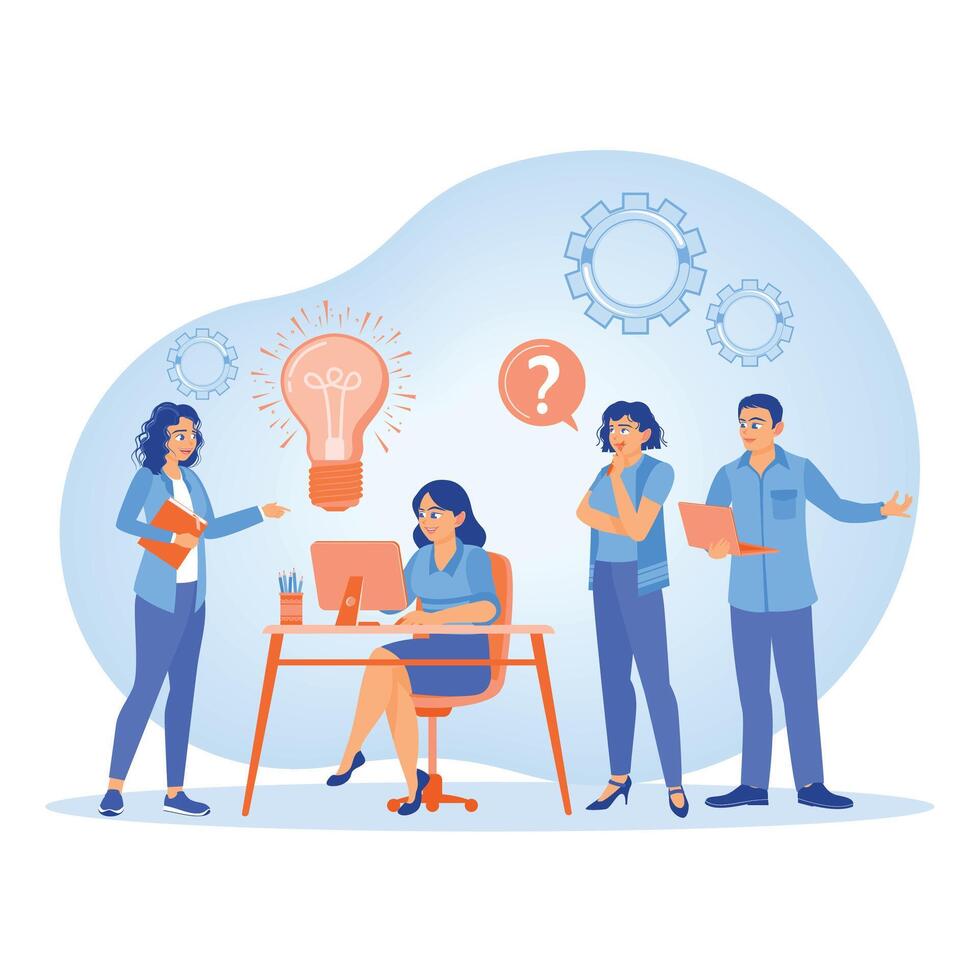 Business team holding meeting in office. Business team discussing ideas for starting a new venture. Team communication concept. Flat illustration. vector