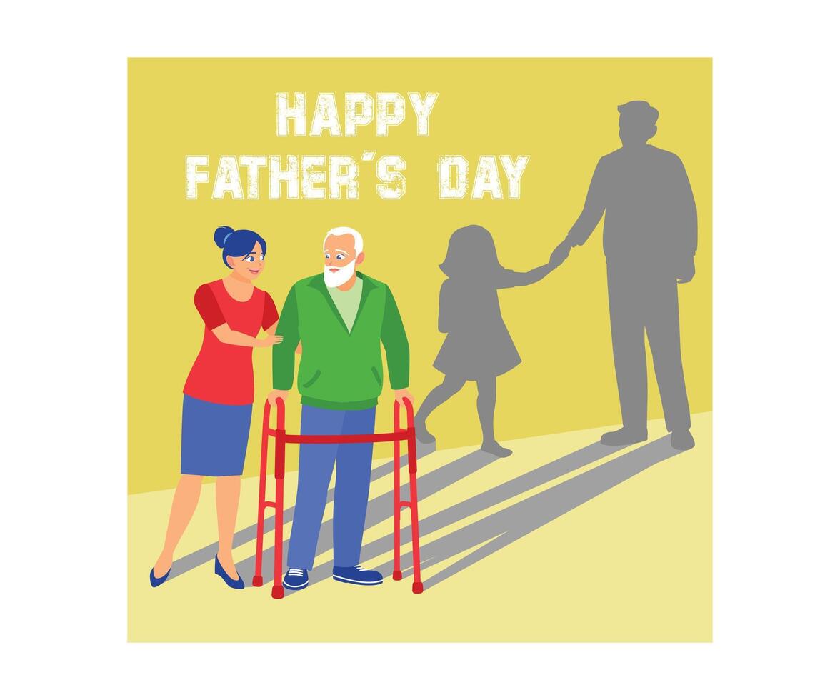 A young woman helps an elderly father learn to walk. Dad practiced walking during the recovery period. Father's Day concept. Flat illustration. vector