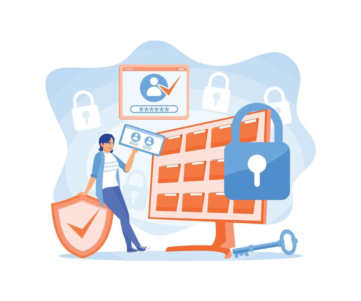Woman looking for data on computer. Safely protect personal data on servers. vector