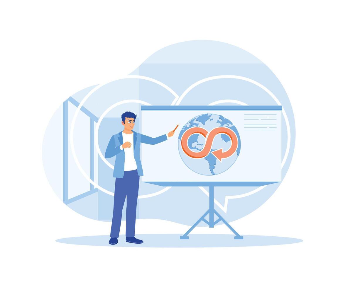 Men hold outreach about saving the earth from global warming. Protect the ecology of animals and plants. Circular economy concept. Flat illustration. vector