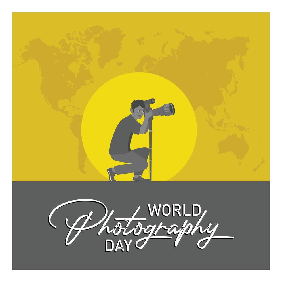 A photographer is taking photos. This is a World Photography Day celebration with a world map background. World Photography Day concept. Flat illustration. vector