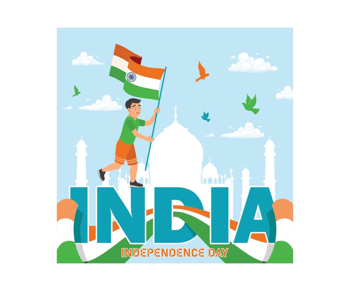 Indian Independence Day with the Taj Mahal in the background. It is celebrated with joy by all the people of India. Independence Day India concept. Flat illustration. vector