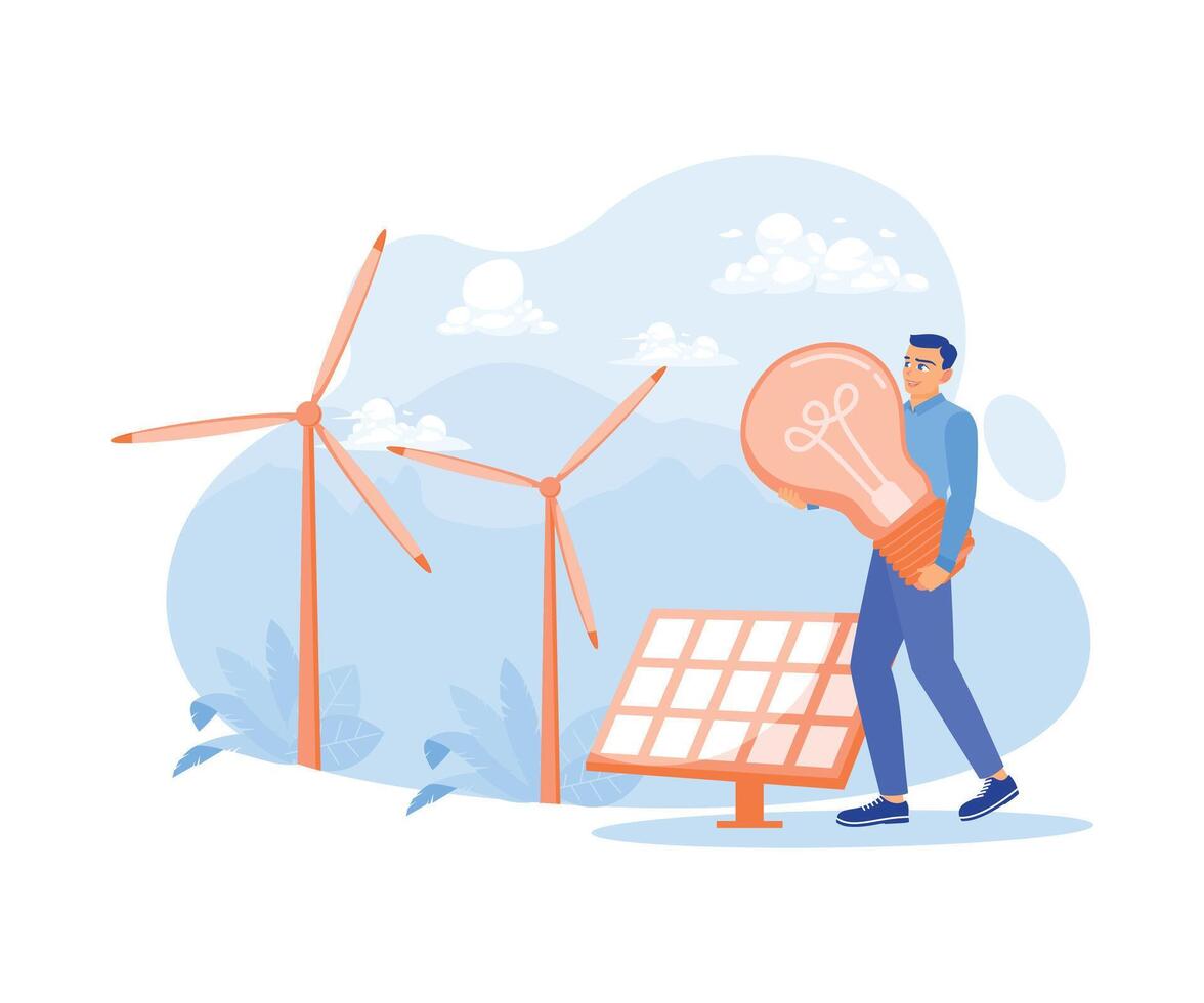 Entrepreneurs develop environmentally friendly industries. Install solar panels and windmills as renewable energy sources. Circular economy concept. Flat illustration. vector