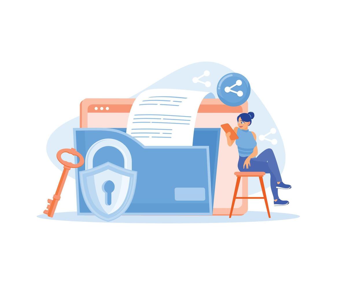 The young woman protects personal data during online transactions. vector