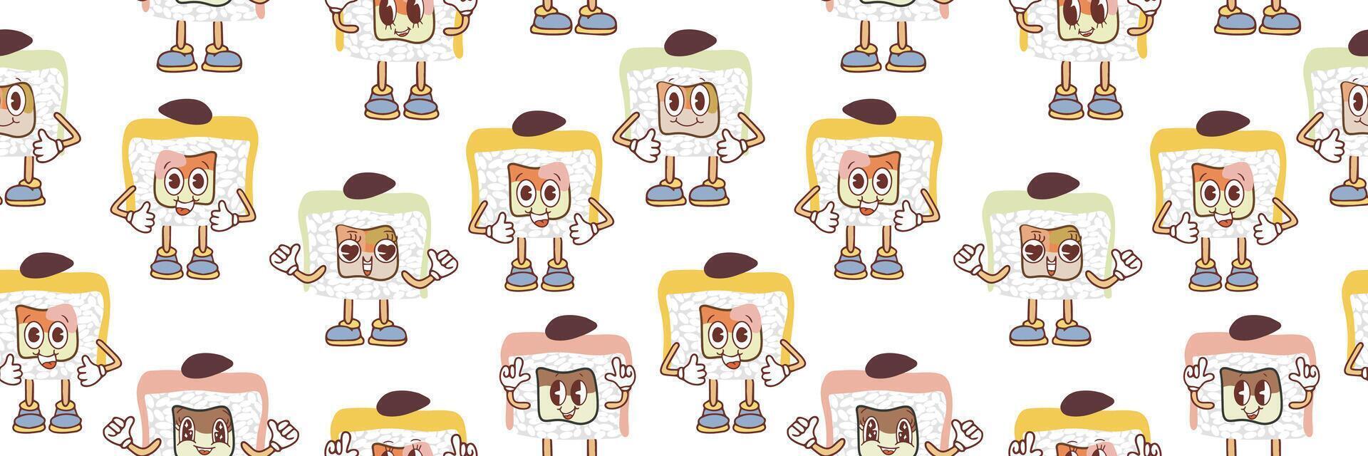 Seamless pattern of cute sushi and rolls icons in kawaii style with smiling face and pink cheeks. Japanese traditional cuisine dishes. White background. vector