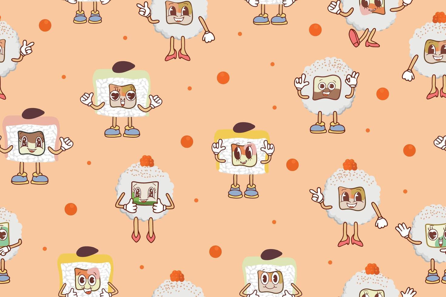 Seamless pattern of cute sushi and rolls icons in kawaii style with smiling face and pink cheeks. Japanese traditional cuisine dishes. vector