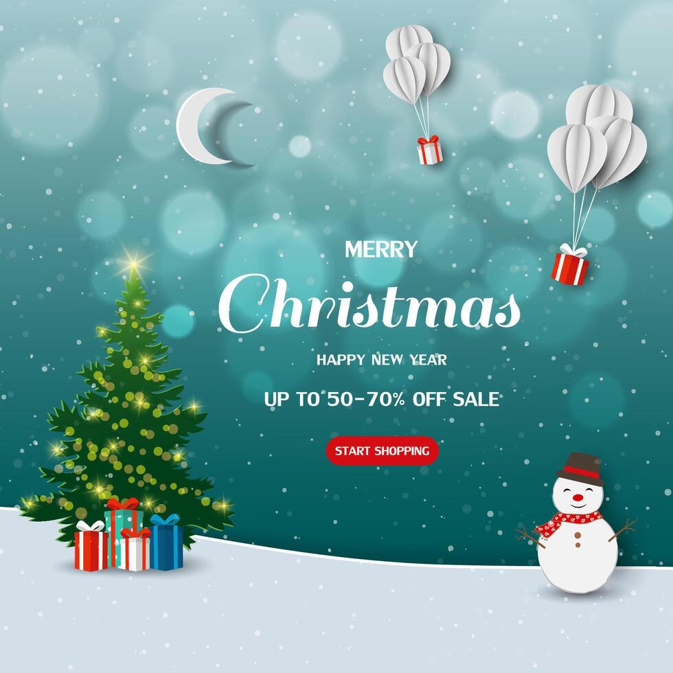 Merry Christmas and Happy new year sale banner background,winter night landscape with falling snow on green background vector