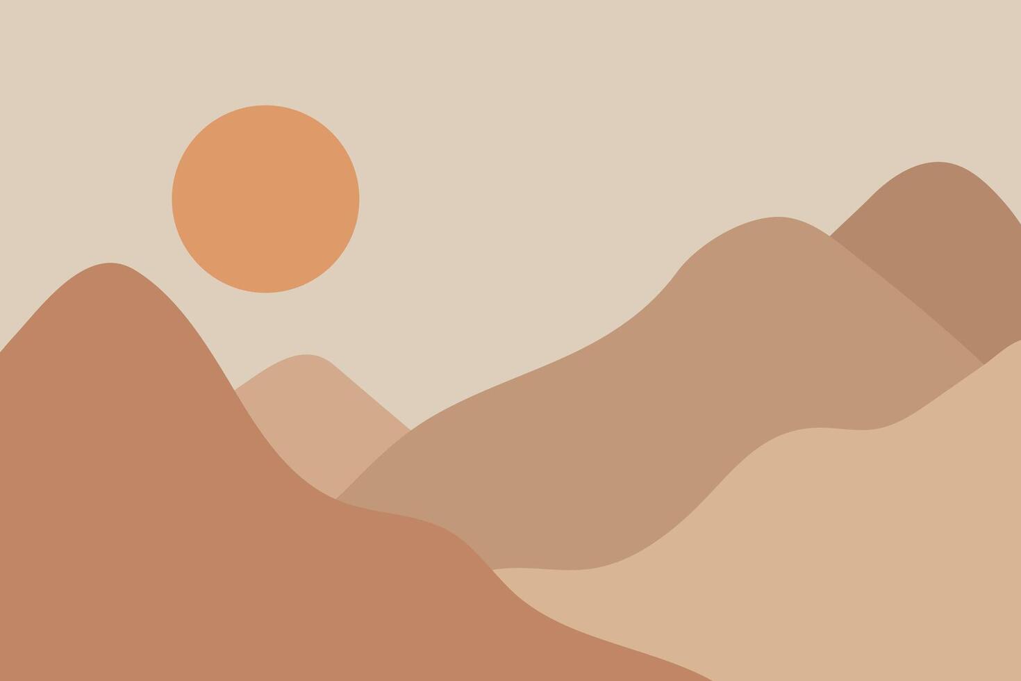 Mid Century Mountain Landscape, Boho Wall Art in Neutral Colors. Abstract contemporary flat design with earth tone pastel hills and sunset art print vector