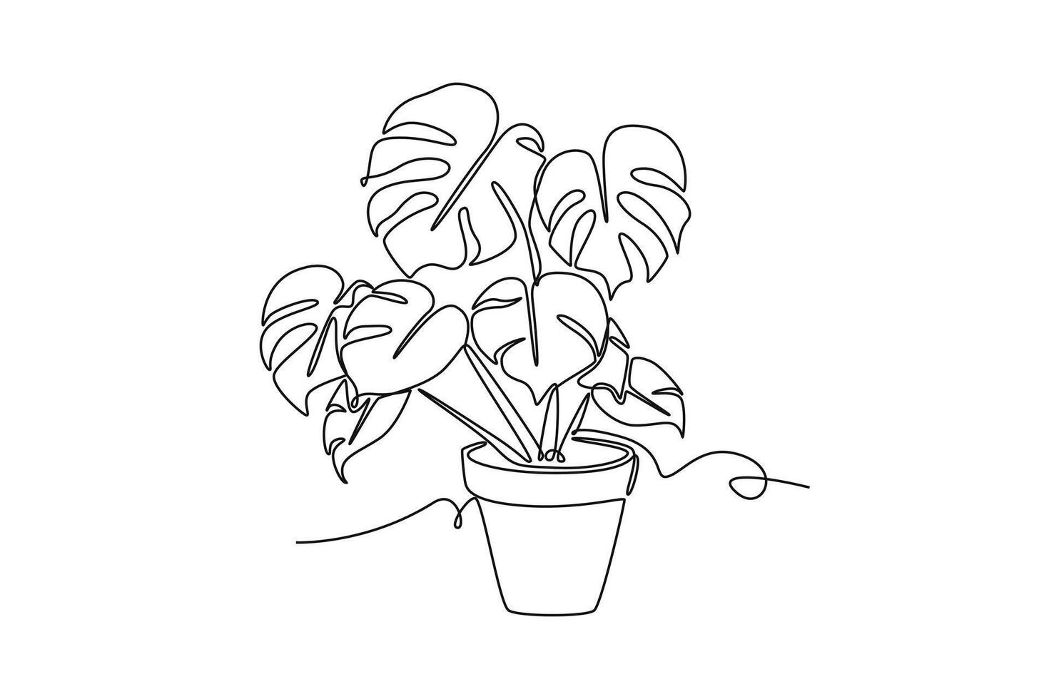 Continuous one line drawing beauty potted tropical leaf monstera plant. Printable decorative houseplant concept for home wall decoration ornament. Single line draw design graphic illustration vector