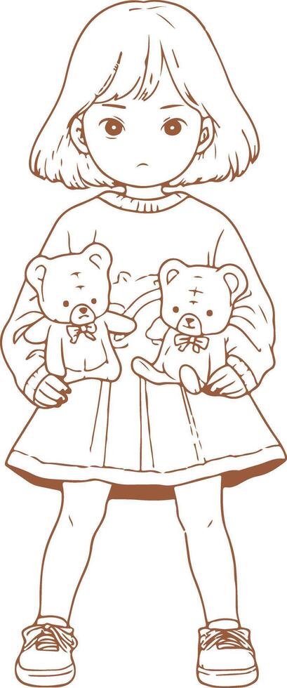 Vintage Little girl holding teddy bears and looking at camera in t-shirt and denim skirt front view vector
