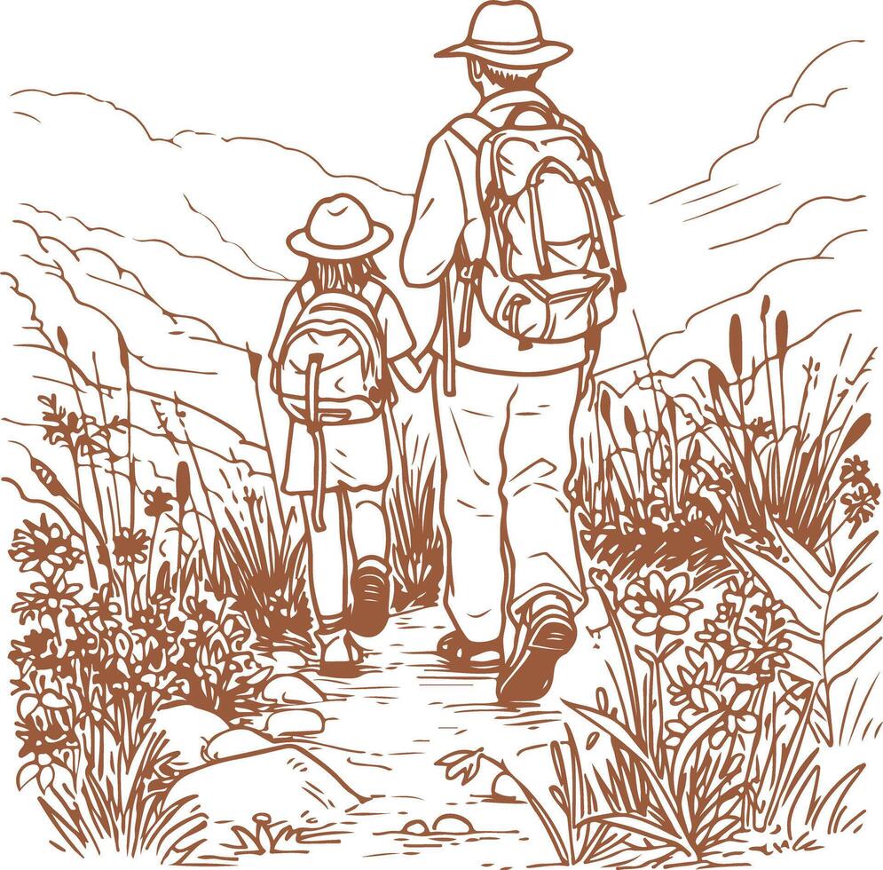 Vintage Father and child going on a nature hike. vector