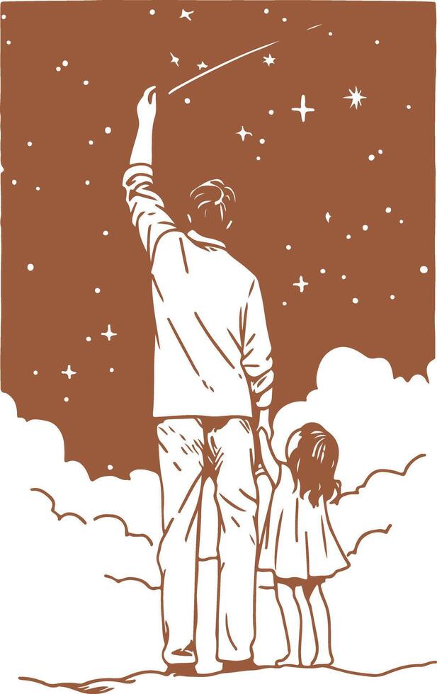 Vintage father and daughter holding hands looking up at the night sky vector