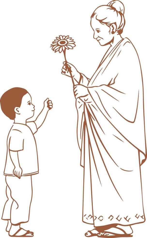 Indian Son and Elderly Mother with Flowers vector